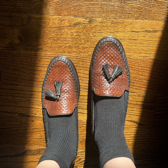 Cole Haan Brown and Black Woven Tassel Loafers - Picture 3 of 8